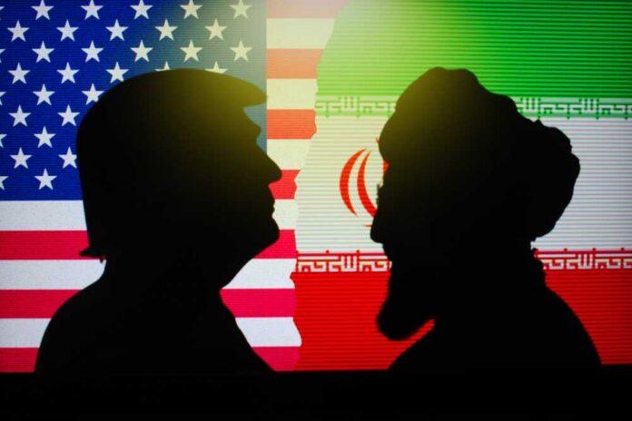 United,States,Vs,Iran.,Silhouette,Of,Us,President,Donald,Trump Silhouettes of two figures against the backgrounds of the American and Iranian flags
