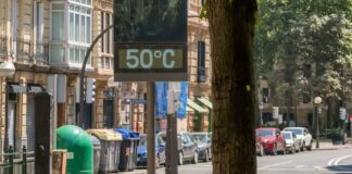 A thermometer held against a sunset city skyline