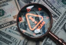 $250 Million Fraud Ends In Guilty Plea Magnifying glass over U.S. dollar bills with a scam warning