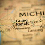 Close-up of a map showing Grand Rapids and surrounding areas in Michigan