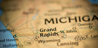 Close-up of a map showing Grand Rapids and surrounding areas in Michigan