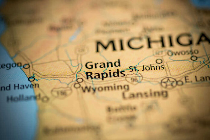 shutterstock_405421957 Close-up of a map showing Grand Rapids and surrounding areas in Michigan