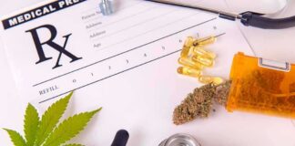Medical prescription with cannabis, pills, and a stethoscope