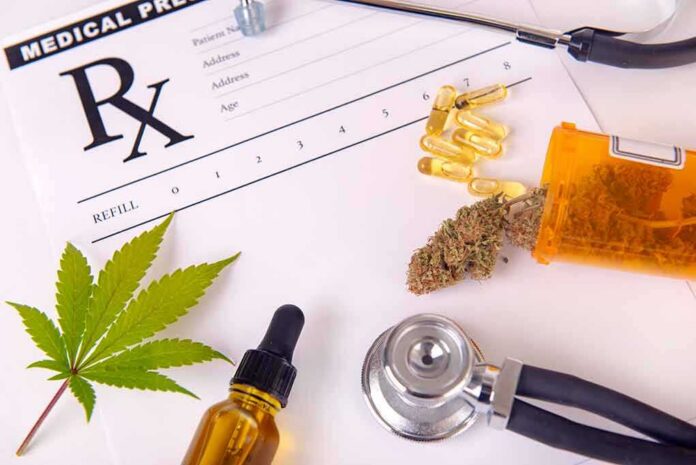 shutterstock_1216024840 Medical prescription with cannabis, pills, and a stethoscope