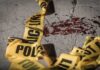 Murder Narrative Falls Apart Fast Crime scene tape near blood on pavement