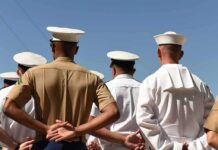 Acting Navy Chief Bypasses Red Tape sailors and marines standing in formation with hands behind backs
