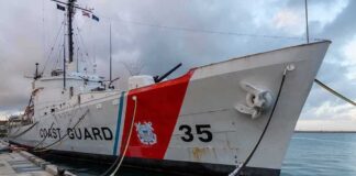 Coast Guard cutter moored at a pier