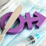 Purple transgender symbol with surgical tools on medical masks