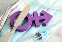 DOJ Pressure Halts Youth Treatments Purple transgender symbol with surgical tools on medical masks