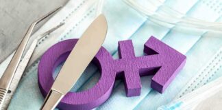 Purple transgender symbol with surgical tools on medical masks