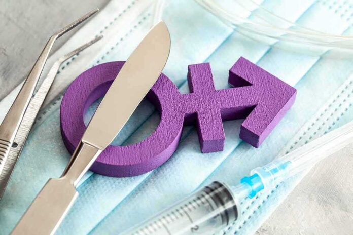 Purple transgender symbol with surgical tools on medical masks