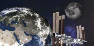 International Space Station orbiting Earth with the Moon in the background