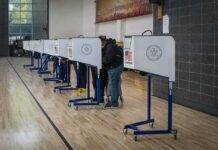 The Michigan Ad Battle Escalates Voters at polling booths in a gymnasium