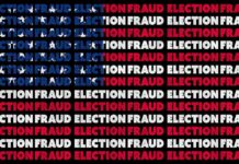 Election Fraud Sweep Stuns Seven States repeating phrase 'ELECTION FRAUD' in red, white, and blue on black background