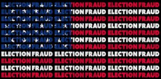 repeating phrase 'ELECTION FRAUD' in red, white, and blue on black background