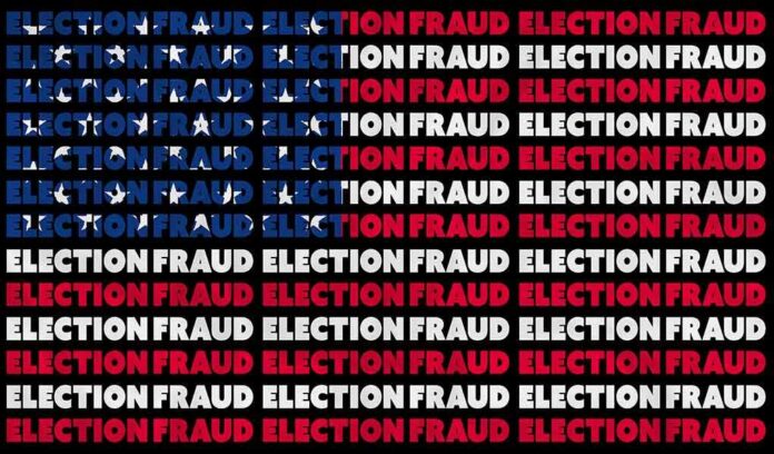 shutterstock_1848726109 repeating phrase 'ELECTION FRAUD' in red, white, and blue on black background