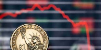 U.S. dollar coin in front of falling stock chart