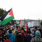 Crowd holding flags and signs outside a fenced government building