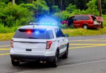 Capital Murder Shock In Texas Police SUV with flashing lights at roadside crash scene