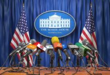 Bye-Bye Briefing Room – Pool Comeback? Press microphones at a White House briefing podium