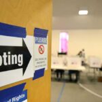 Noncitizen Vote Claim Rattles Florida Voting sign on door leading to polling place